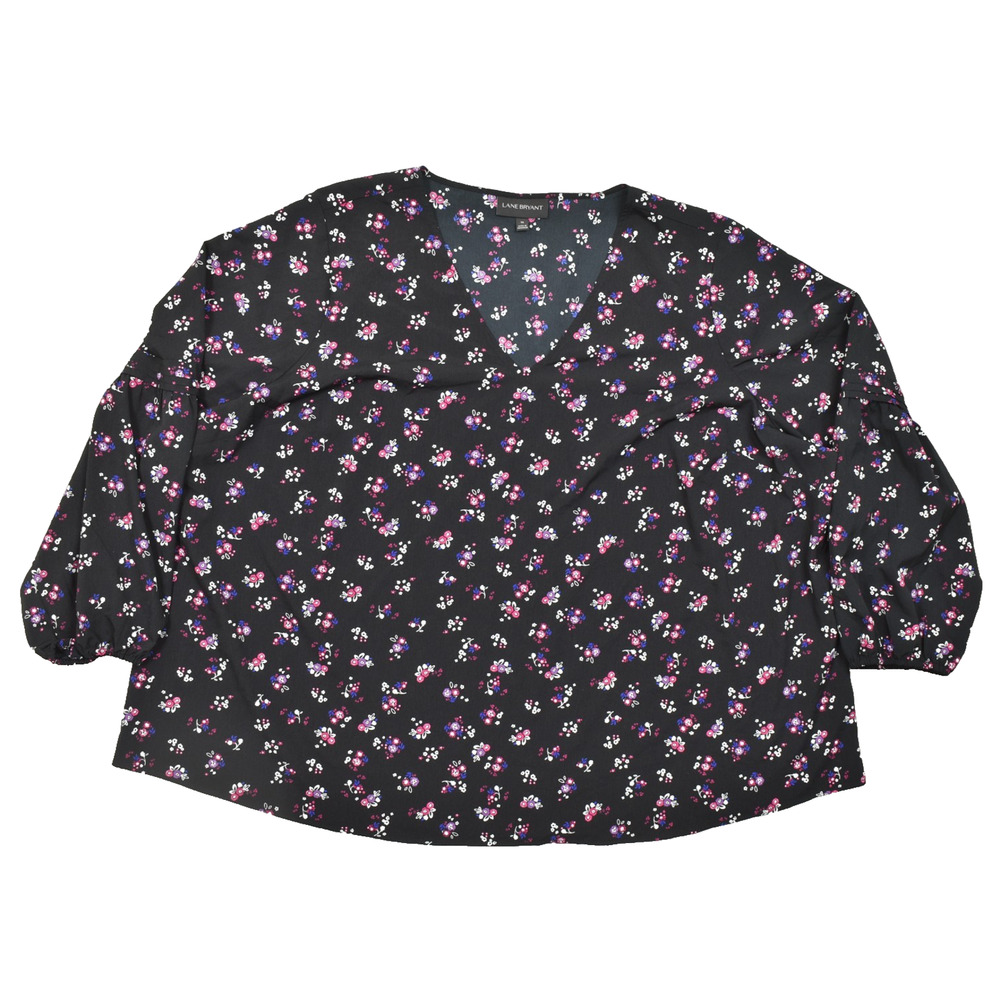 Lane Bryant Women's Size 26 Black Floral V-Neck Blouse 3/4 Bell Sleeve Polyester - Picture 1 of 8